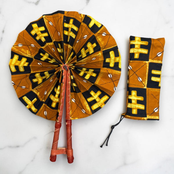 African Hand fan - Ankara print Hand fan - Mustard Black Opoku