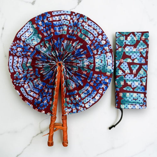 African Hand fan - Ankara print Hand fan - Maroon Light blue Antwi