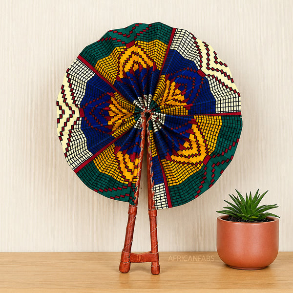 African Hand fan - Ankara print Hand fan - Blue Yellow Frimpong