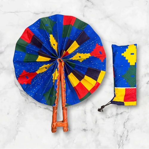 African Hand fan - Ankara print Hand fan - Blue Red Ife