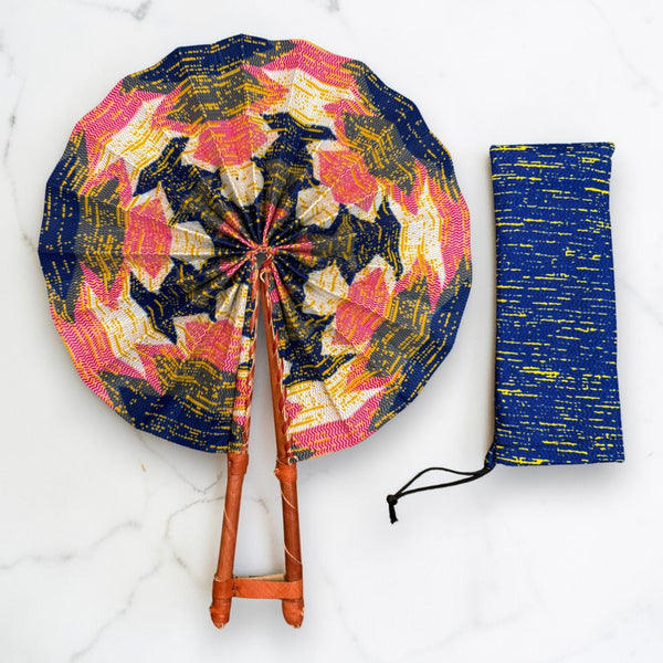 African Hand fan - Ankara print Hand fan - Pink Blue Ankomah