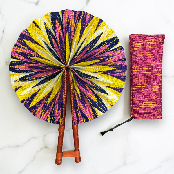 African Hand fan - Ankara print Hand fan - Yellow Pink Amoako