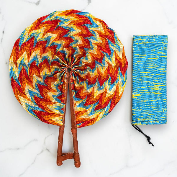 African Hand fan - Ankara print Hand fan - Orange Blue Ayim