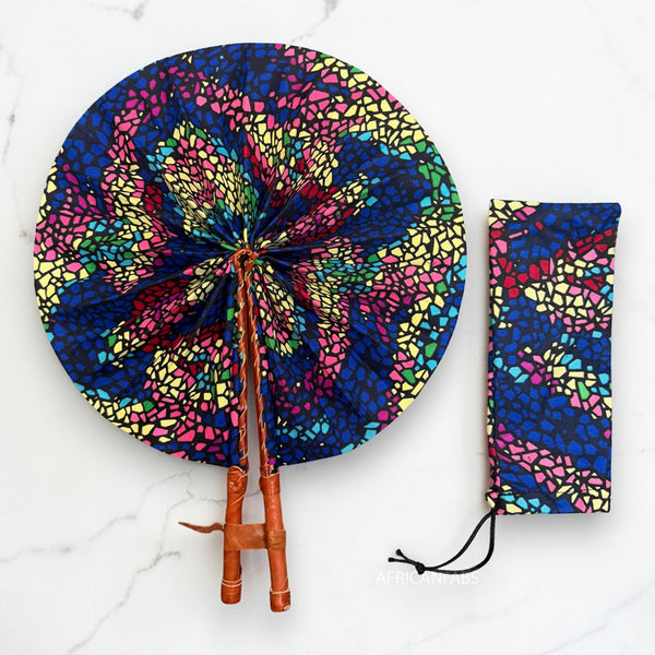 African Hand fan - Ankara print Hand fan - Blue Pink Mensah