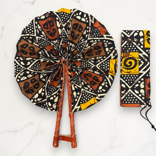 African Hand fan - Ankara print Hand fan - Mustard Brown Aidoo