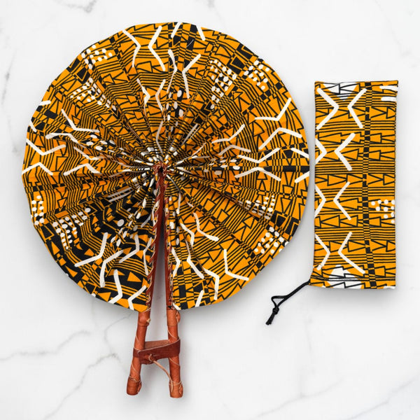 African Hand fan - Ankara print Hand fan - Mustard Black Yeboah
