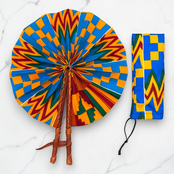 African Hand fan - Ankara print Hand fan - Blue Orange Adomako