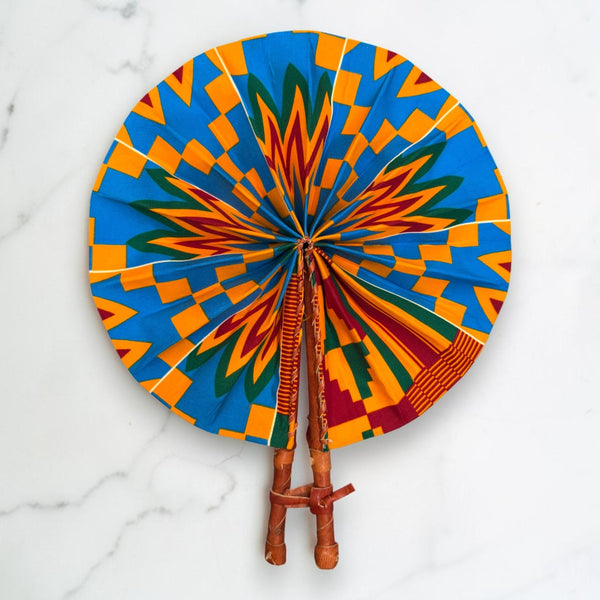 African Hand fan - Ankara print Hand fan - Blue Orange Adomako