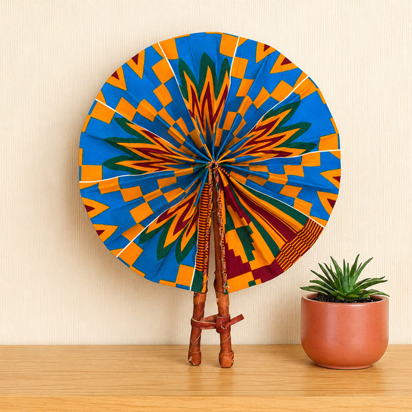 African Hand fan - Ankara print Hand fan - Blue Orange Adomako