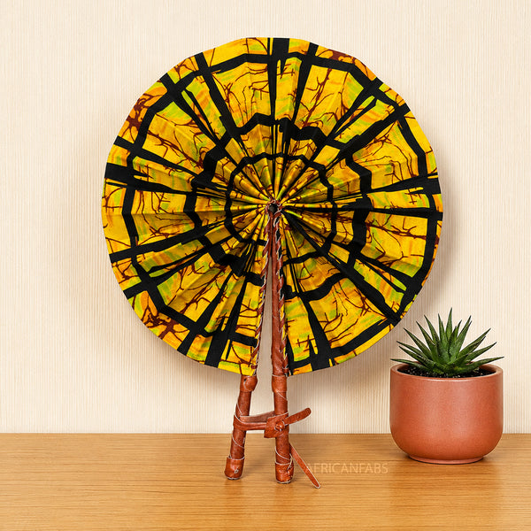 African Hand fan - Ankara print Hand fan - Yellow Black Koranteng