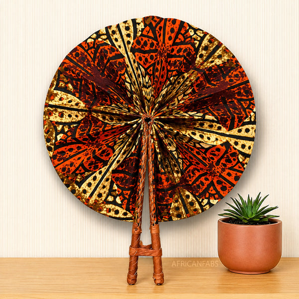 African Hand fan - Ankara print Hand fan - Orange Cream Bonsu