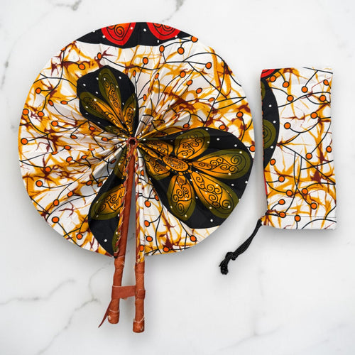 African Hand fan - Ankara print Hand fan - Orange White Acheampong