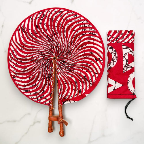 African Hand fan - Ankara print Hand fan - Red White Ansong