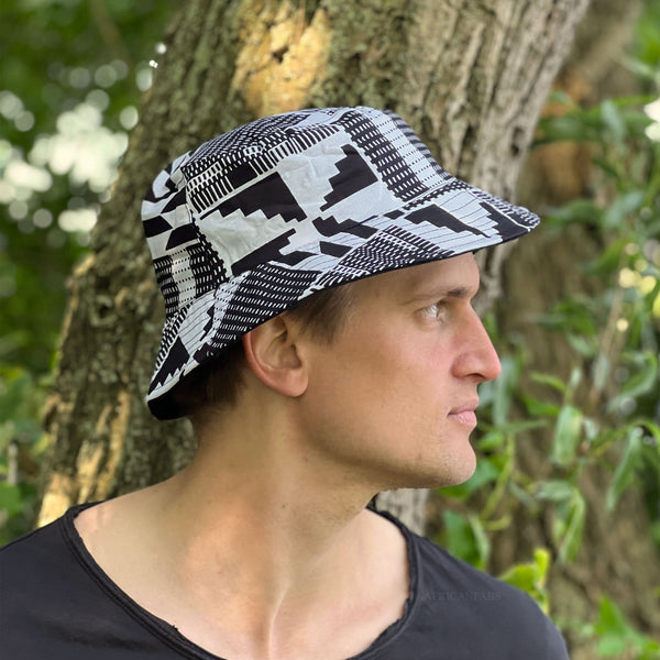 Bucket hat / Fisherman hat with African print - Black / white kente - Kids & Adults sizes (Unisex)