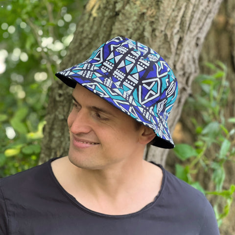 Bucket hat / Fisherman hat with African print - Blue Bogolan - Kids & Adults sizes (Unisex)