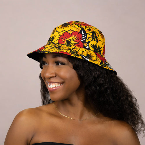 Bucket hat / Fisherman hat with African print - Yellow Flowers - Kids & Adults sizes (Unisex)