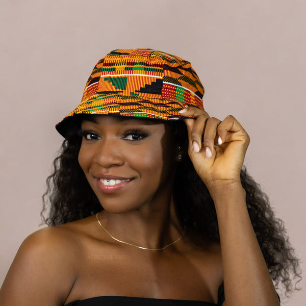 Bucket hat / Fisherman hat with African print - Kente Orange / green - Kids & Adults sizes (Unisex)