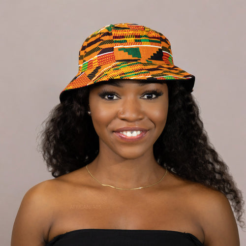 Bucket hat / Fisherman hat with African print - Kente Orange / green - Kids & Adults sizes (Unisex)