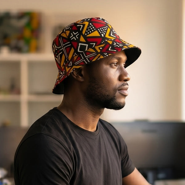 Bucket hat / Fisherman hat with African print - Red Bogolan Geometry - Kids & Adults sizes (Unisex)