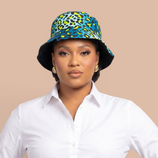 Bucket hat / Fisherman hat with African print - Turquoise Blue Leopard Spots - Kids & Adults sizes (Unisex)