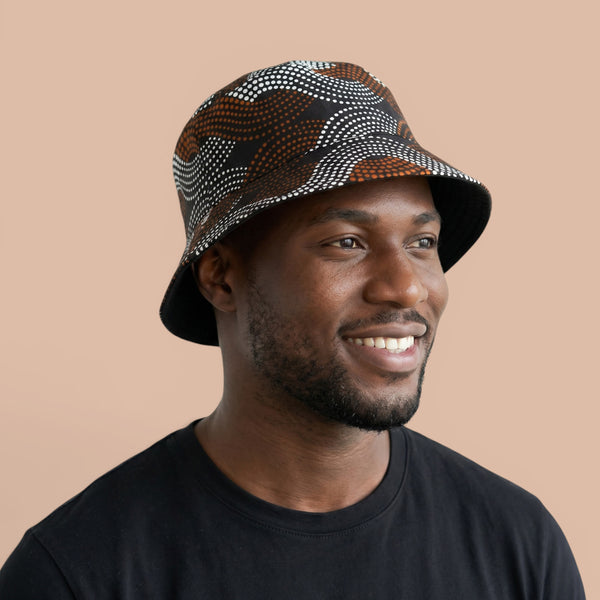 Bucket hat / Fisherman hat with African print - Brown White Wave Pattern - Kids & Adults sizes (Unisex)