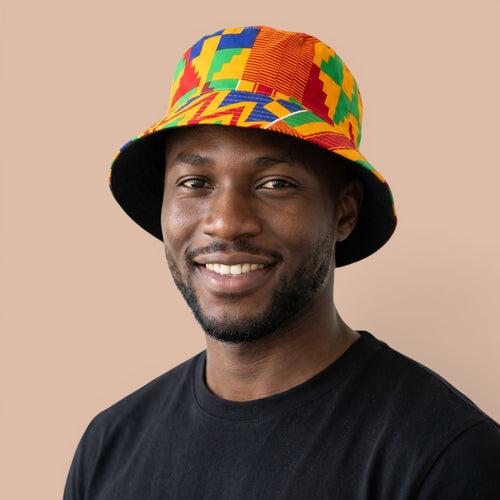 Bucket hat / Fisherman hat with African print - Yellow Blue Kente - Kids & Adults sizes (Unisex)