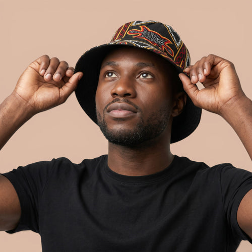 Bucket hat / Fisherman hat with African print - Black Red Toghu Bamenda Cameroon - Kids & Adults sizes (Unisex)