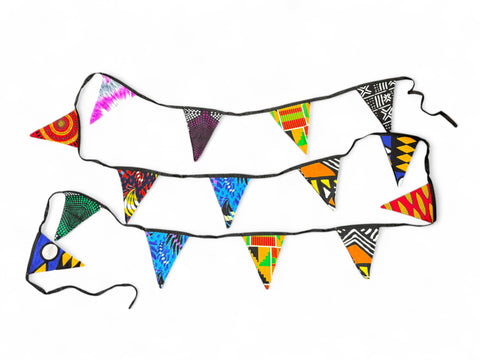 African print Bunting Flags / Fabric Garlands - Black ribbon - 5 meters