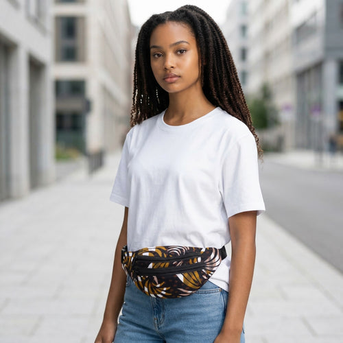African Print Fanny Pack - Mix Brown Feathers - Ankara Waist Bag / Bum bag / Festival Bag