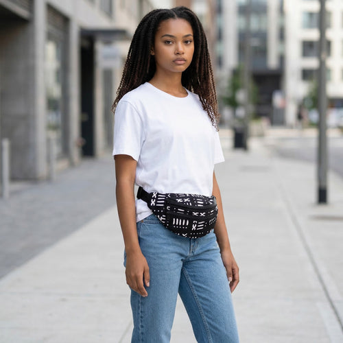 African Print Fanny Pack - Black white bogolan - Ankara Waist Bag / Bum bag / Festival Bag