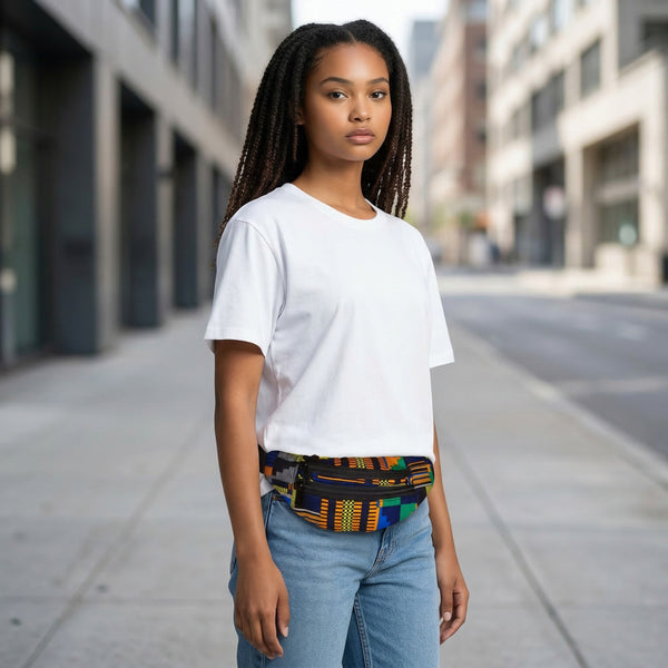 African Print Fanny Pack - Blue / Orange kente - Ankara Waist Bag / Bum bag / Festival Bag