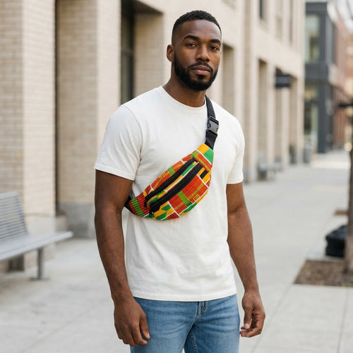 African Print Fanny Pack - Green / Yellow Kente - Ankara Waist Bag / Bum bag / Festival Bag