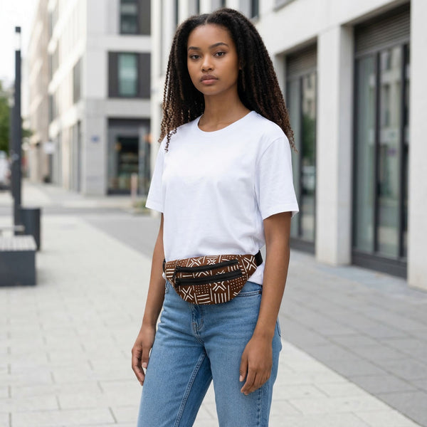 African Print Fanny Pack - Brown X Bogolan - Ankara Waist Bag / Bum bag / Festival Bag