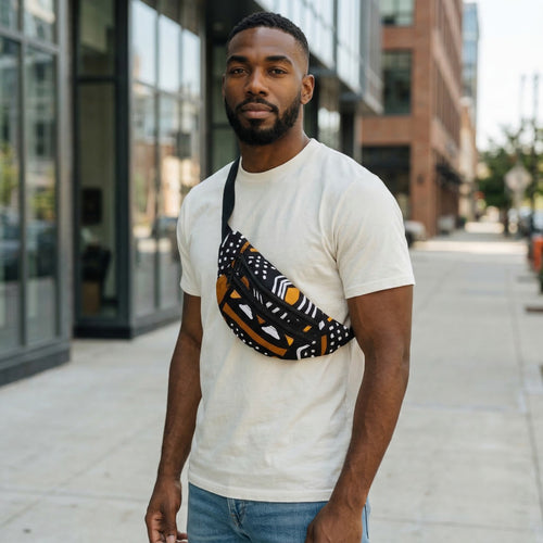 African Print Fanny Pack - Brown Black Bogolan - Ankara Waist Bag / Bum bag / Festival Bag