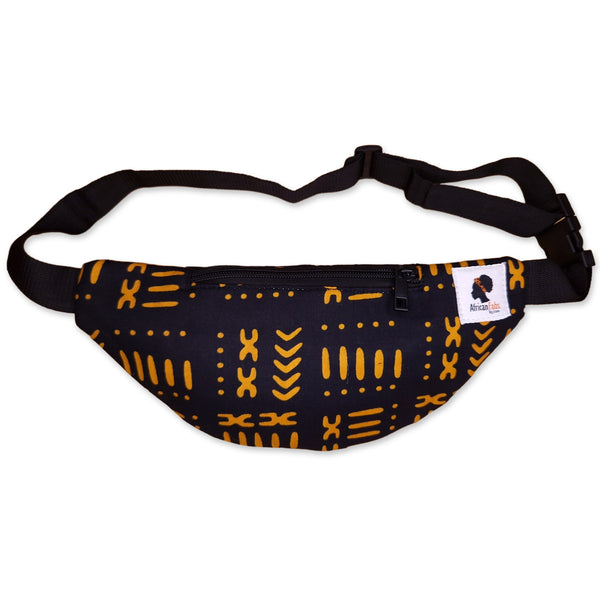 African Print Fanny Pack - Black / yellow bogolan print - Ankara Waist Bag / Bum bag / Festival Bag with Adjustable strap