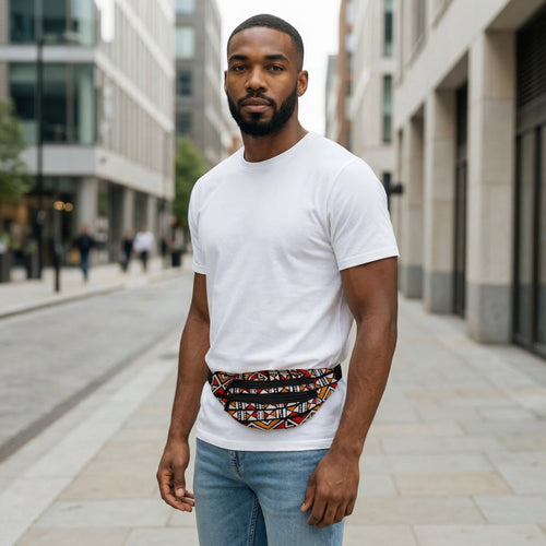 African Print Fanny Pack - Red / orange bogolan - Ankara Waist Bag / Bum bag / Festival Bag with Adjustable strap