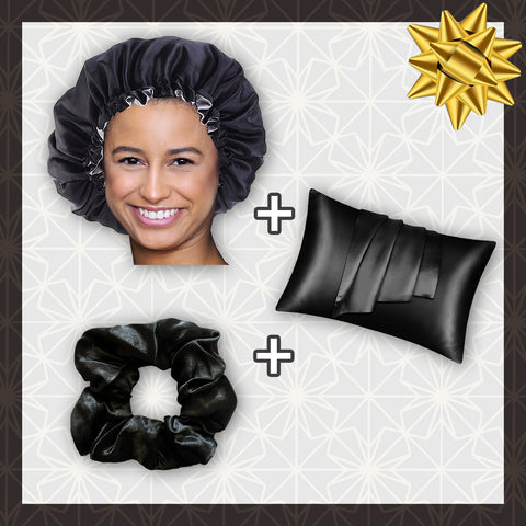 SATIN SET - Protect your hair & skin - Black Satin Hair Bonnet + Satin Pillowcase + Scrunchie