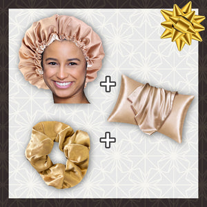 SATIN SET - Protect your hair & skin - Khaki Satin Hair Bonnet + Satin Pillowcase + Scrunchie