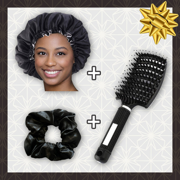 SATIN SET - Protect & brush your hair starters kit - Black Satin Hair Bonnet + Curved Detangler brush + Scrunchie