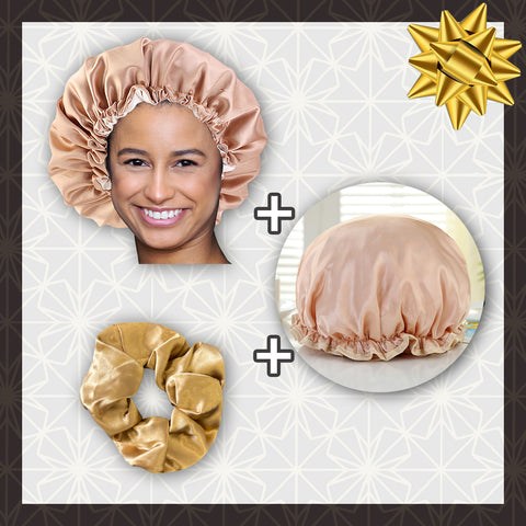 SATIN SET - Protect your hair & keep it dry - Khaki Satin Hair Bonnet + Shower cap + Scrunchie