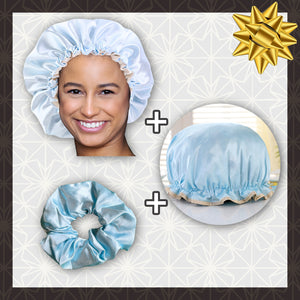 SATIN SET - Protect your hair & keep it dry - Sky blue Satin Hair Bonnet + Shower cap + Scrunchie