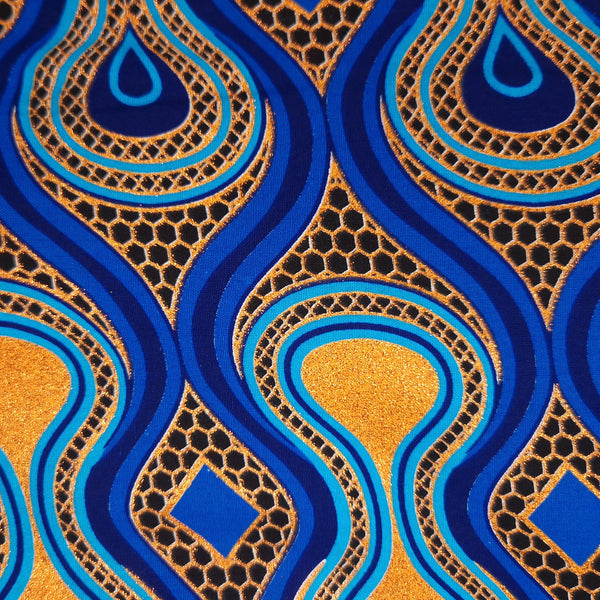African print fabric - Exclusive Embellished Glitter effects 100% cotton - GL-4016 Blue Orange Gold