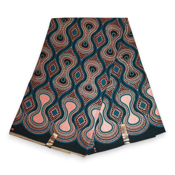 African print fabric - Exclusive Embellished Glitter effects 100% cotton - GL-4017 Turquoise Pink Rose Gold