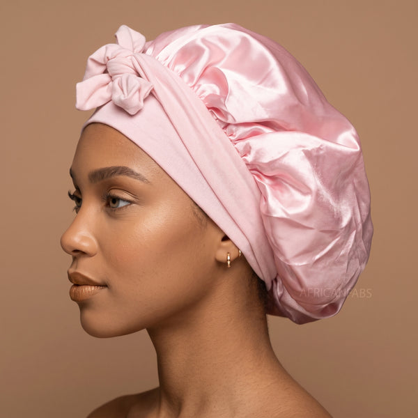 Satin Hair Bonnet with straps - Pink ( Satin Night sleep cap )