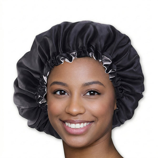 SATIN SET - Protect your hair & keep it dry - Black Satin Hair Bonnet + Shower cap + Scrunchie