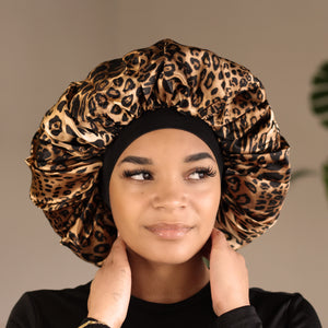 Extra Large African Leopard Print Hair Bonnet ( Satin lined Night sleep cap )