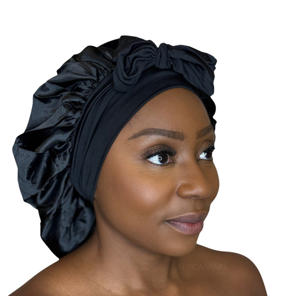 Satin Hair Bonnet with straps - Black ( Satin Night sleep cap )