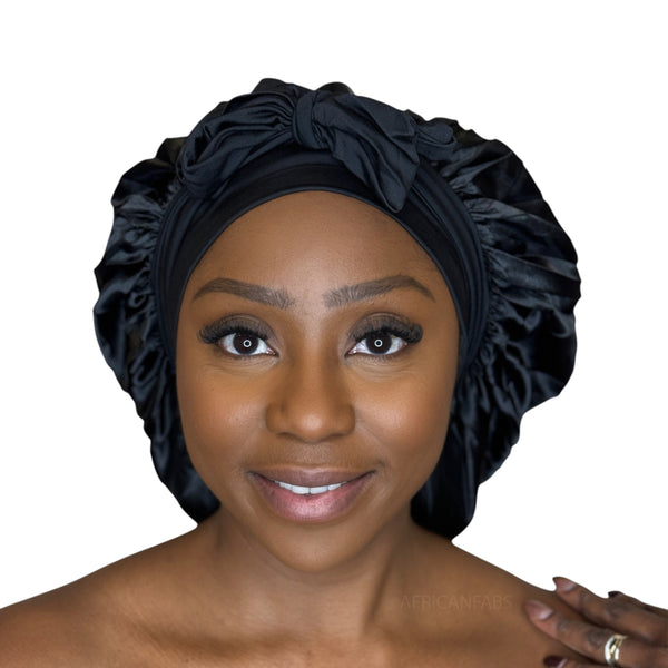Satin Hair Bonnet with straps - Black ( Satin Night sleep cap )