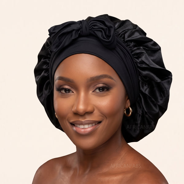 Satin Hair Bonnet with straps - Black ( Satin Night sleep cap )
