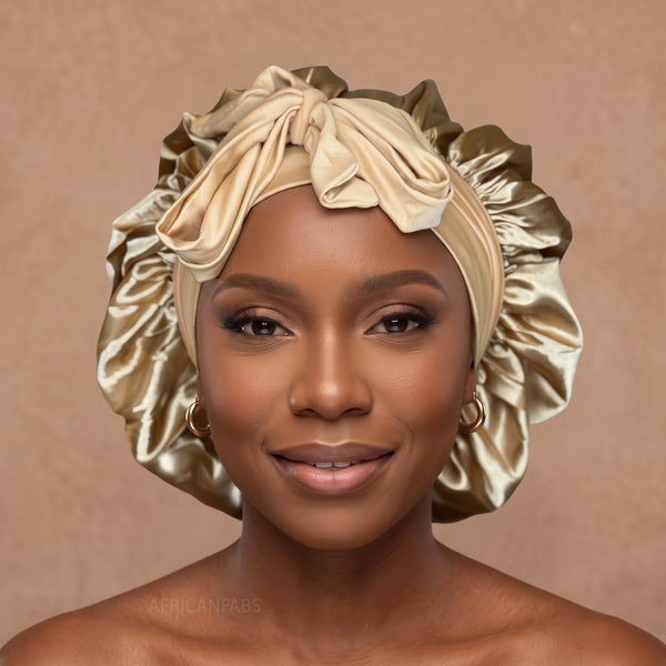 Satin Hair Bonnet with straps - Khaki ( Satin Night sleep cap )